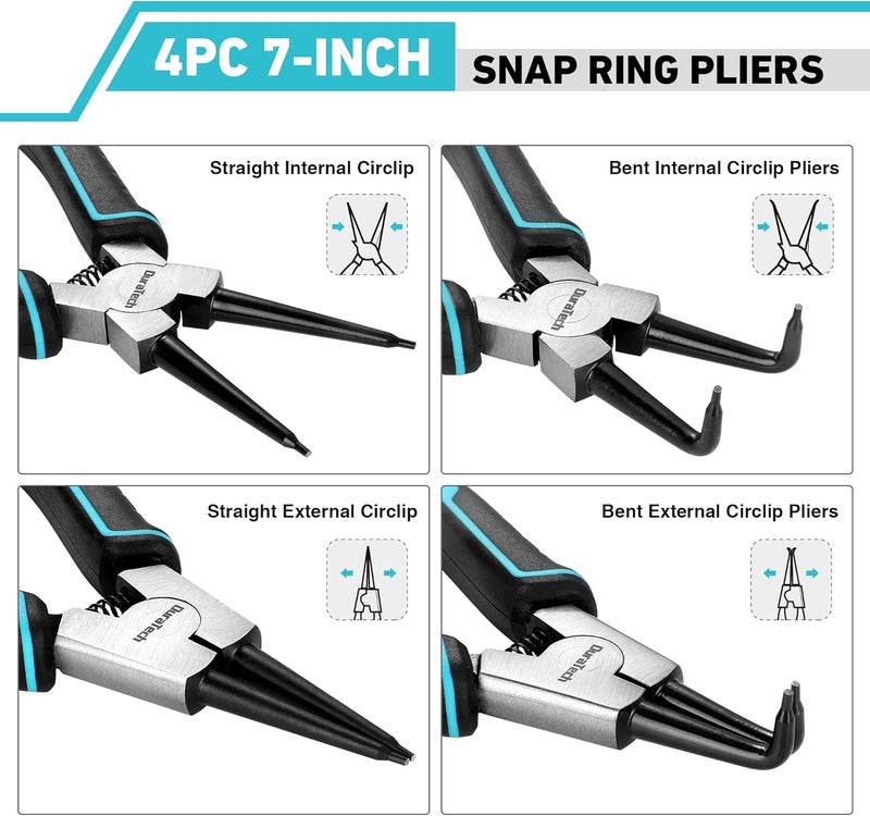 DURATECH 4 PCS Snap Ring Pliers Set, 7 Inch Heavy Duty Internal & External Circlip Pliers Kit with Straight/Bent Jaw, Premium CRV Steel, Precision Spring Loaded C Clip Pliers with Storage Pouch - Image 2